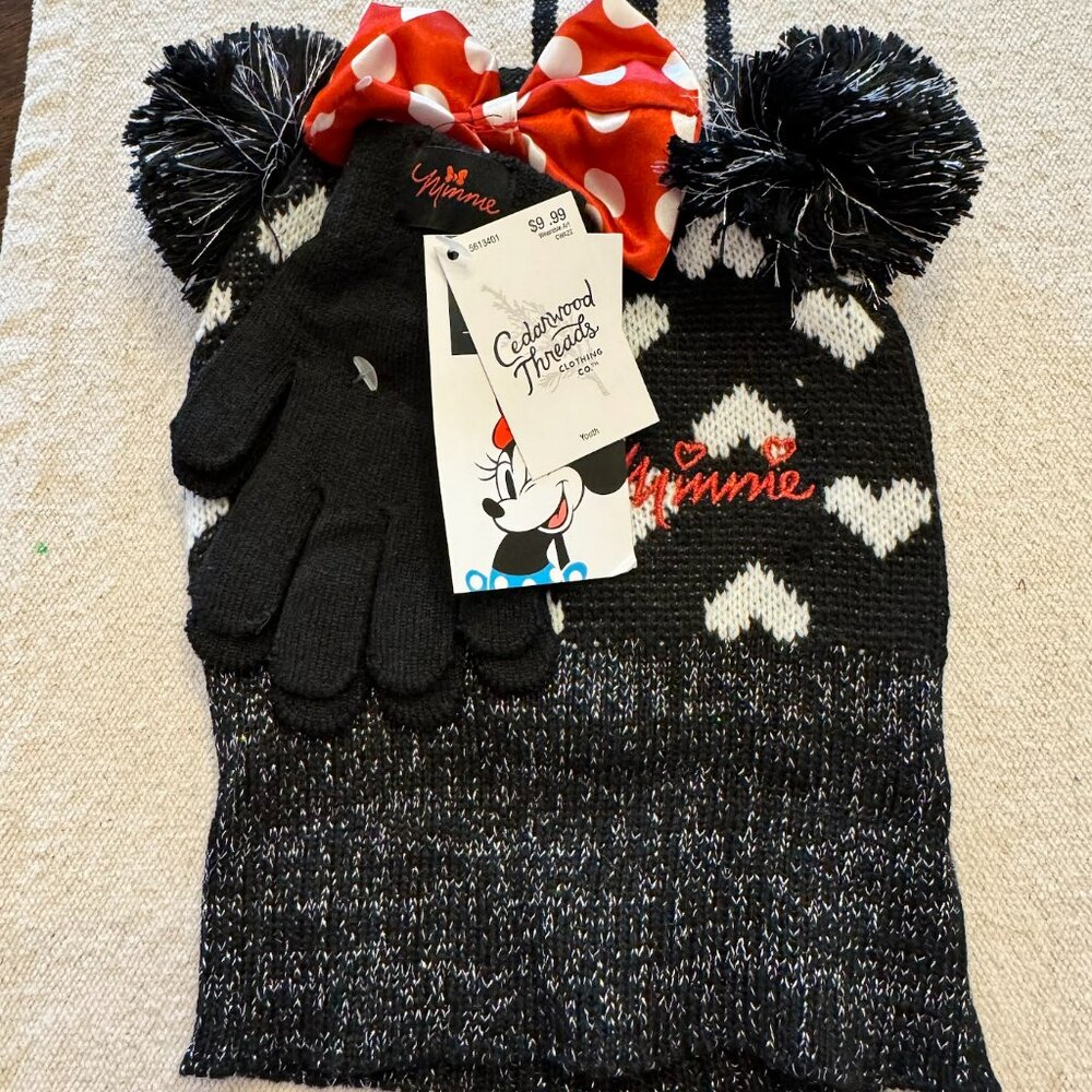 Disney Minnie Mouse Kids Knit Hat & Gloves/OSFM/Black NWT